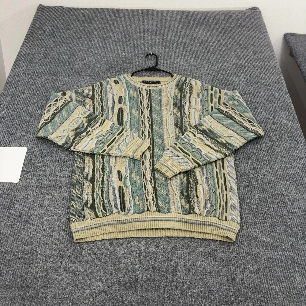 Vintage Protege Sweater Mens XL Green Acrylic 3D Textured Coogi Style Retro 90s